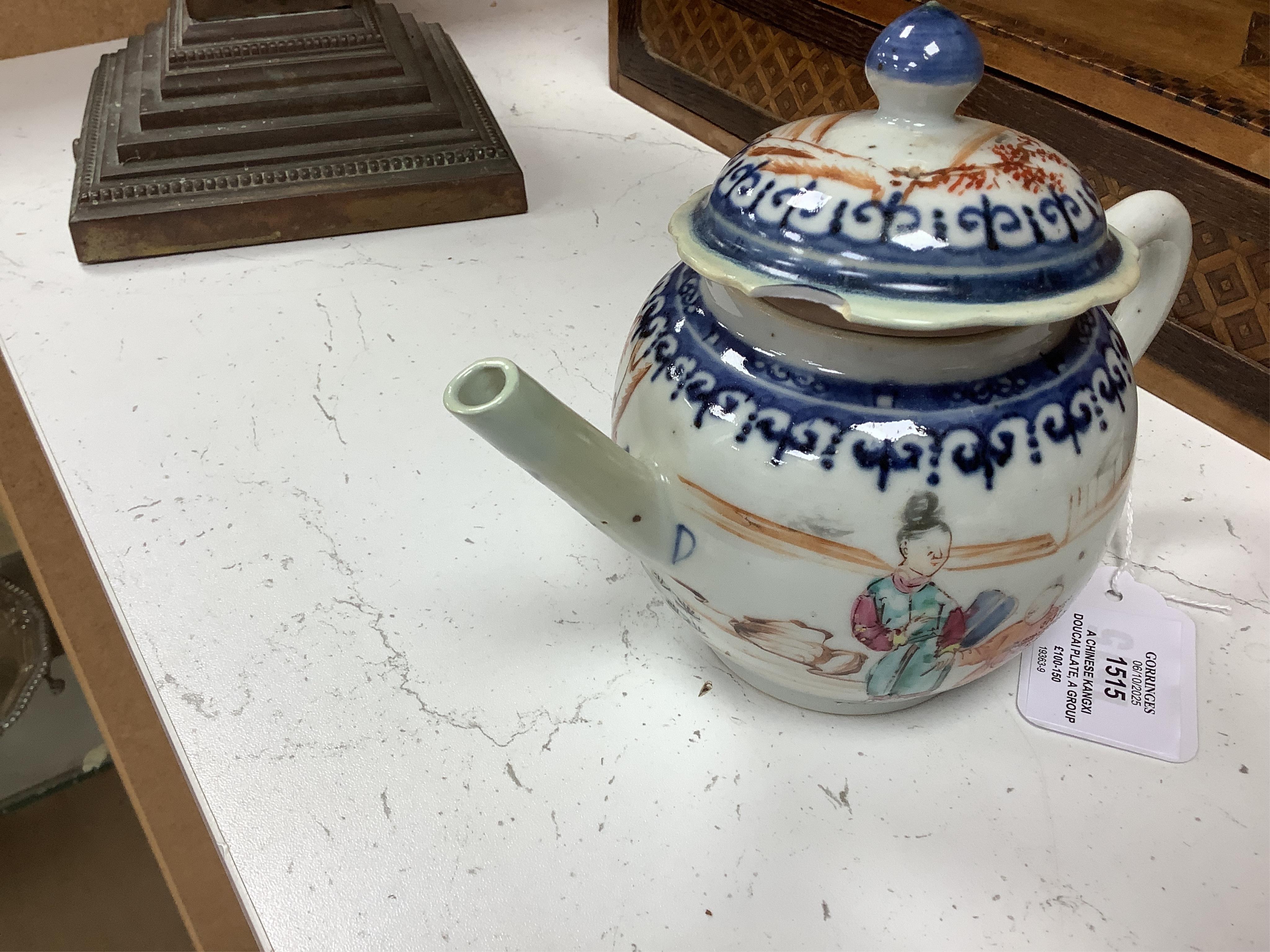 A Chinese Kangxi doucai plate, a group of 18th century Chinese porcelain tea wares and a porcelain bottle probably Korean 19th century, teapot - 15cm high